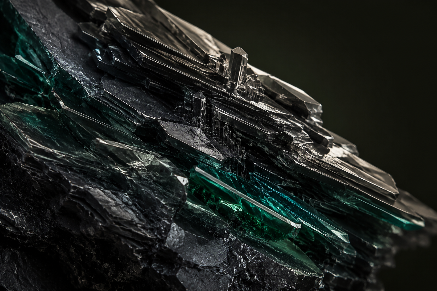 Conceptual illustration of layered graphite-like crystalline material with jade reflections.